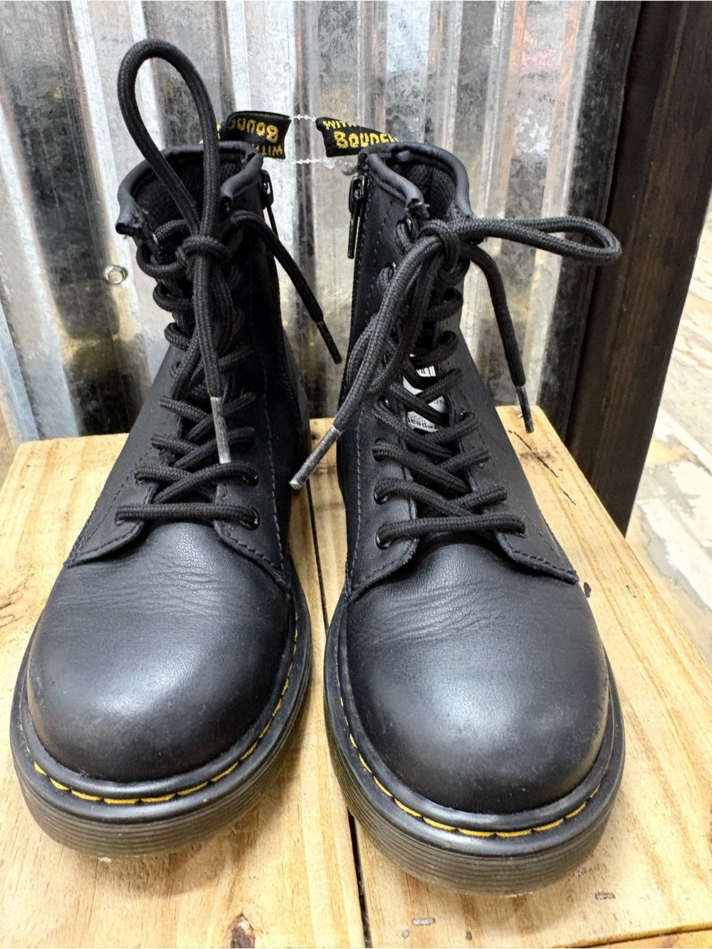 Dr. Martens Kids Black Leather Lace-Up Boots with Yellow Stitching